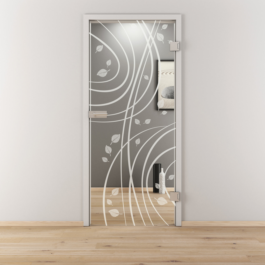 Ambientebild in Wohnraumsituation illustriert die Diamond Doors Glasdrehtür DD 547 in der Ausführung ESG BASIC GREEN klar