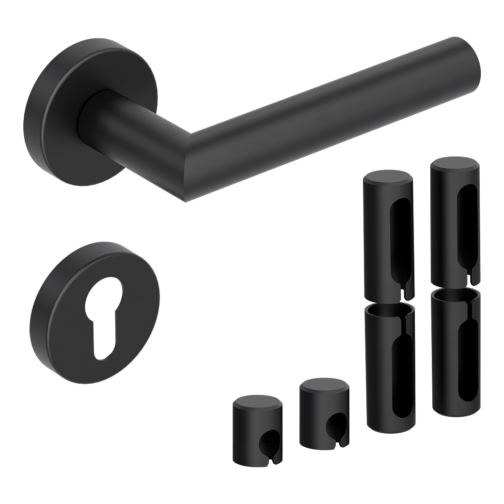 Türgriffgarnitur L-FORM PREMIUM Black Panther Klipptechnik Rosetten rund PZ schwarz PVD inkl. Bandhülsen