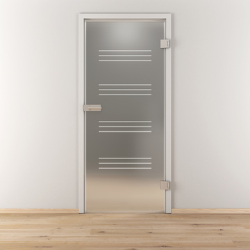 Ambientebild in Wohnraumsituation illustriert die Diamond Doors Glasdrehtür DD 590 in der Ausführung ESG BASIC GREEN matt