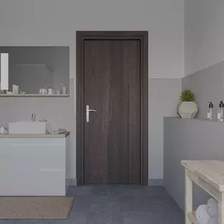 Die Abbildung zeigt ein Badezimmer mit einer Holzdrehtür