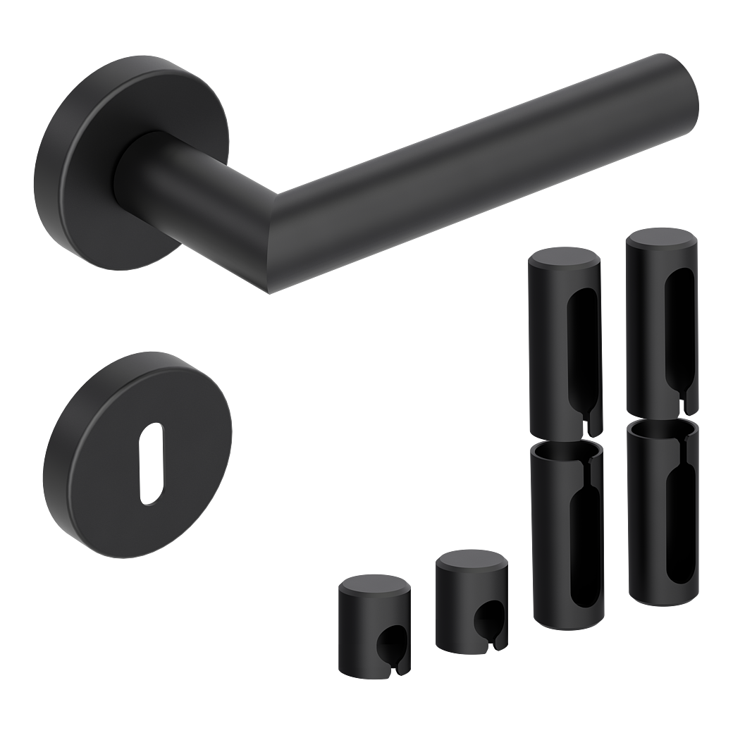 Türgriffgarnitur L-FORM PREMIUM Black Panther Klipptechnik Rosetten rund Buntbart Schwarz PVD inkl. Bandhülsen