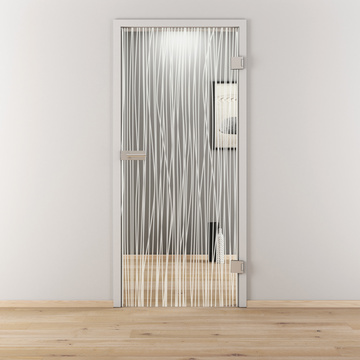 Ambientebild in Wohnraumsituation illustriert die Diamond Doors Glasdrehtür DD 551 in der Ausführung ESG BASIC GREEN klar