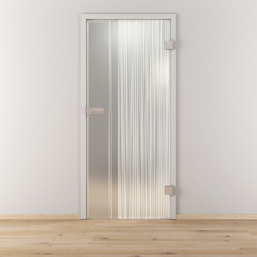Ambientebild in Wohnraumsituation illustriert die Novadoors Glasdrehtür NOVA 584 in der Ausführung ESG BASIC GREEN matt