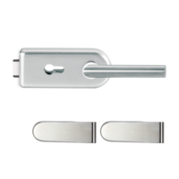Freigestelltes Produktbild im idealen Blickwinkel fotografiert zeigt das Diamond Doors Glastürbeschlagset SKY in der Version Profilzylinder, Edelstahl-Optik matt, 2-teiliger Bandsatz mit dem Griffpaar L-FORM