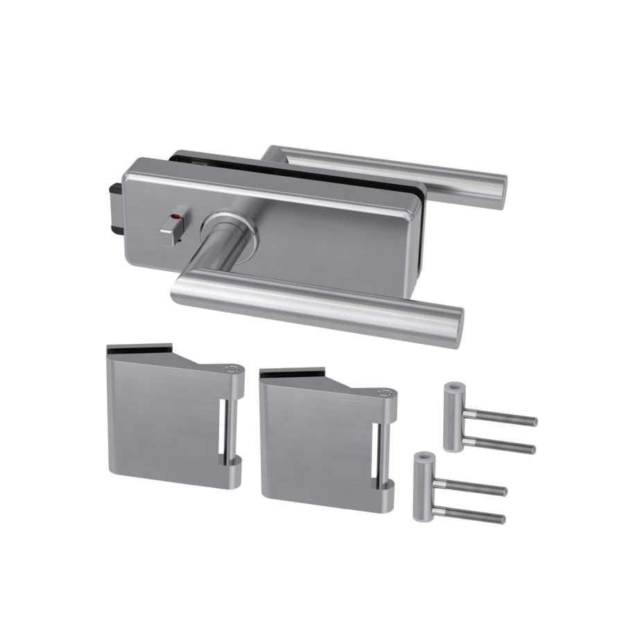 Freigestelltes Produktbild im idealen Blickwinkel fotografiert zeigt das Diamond Doors Glastürbeschlagset STYLE PREMIUM in der Version WC, Edelstahl-Optik matt, 3-teiliger Bandsatz mit dem Griffpaar L-FORM