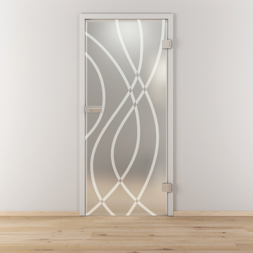 Ambientebild in Wohnraumsituation illustriert die Diamond Doors Glasdrehtür DD 541 in der Ausführung ESG BASIC GREEN matt