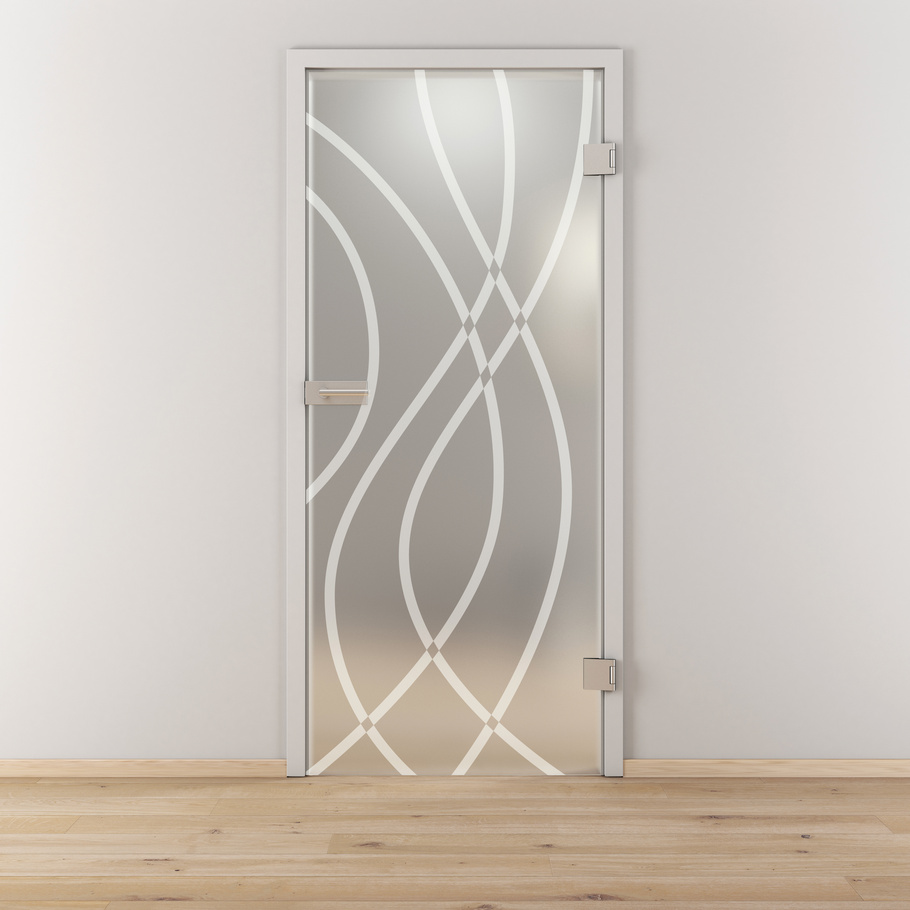 Ambientebild in Wohnraumsituation illustriert die Diamond Doors Glasdrehtür DD 541 in der Ausführung ESG BASIC GREEN matt