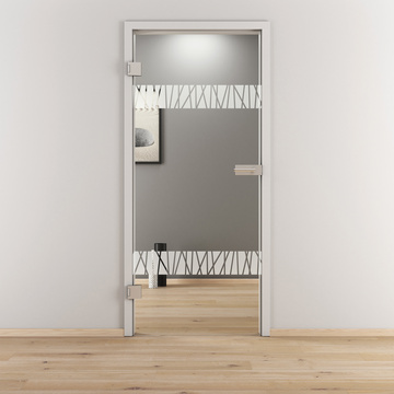 Ambientebild in Wohnraumsituation illustriert die Novadoors Glasdrehtür NOVA 550 in der Ausführung ESG BASIC GREEN klar