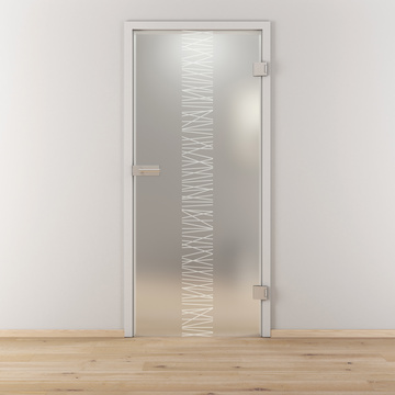 Ambientebild in Wohnraumsituation illustriert die Novadoors Glasdrehtür NOVA 549 in der Ausführung ESG BASIC GREEN matt