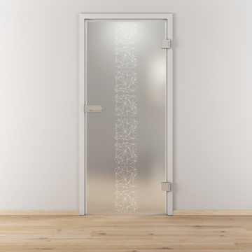Ambientebild in Wohnraumsituation illustriert die Novadoors Glasdrehtür NOVA 504 in der Ausführung ESG BASIC GREEN matt