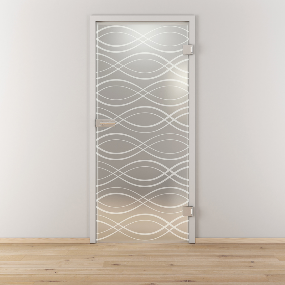 Ambientebild in Wohnraumsituation illustriert die Diamond Doors Glasdrehtür DD 542 in der Ausführung ESG BASIC GREEN matt