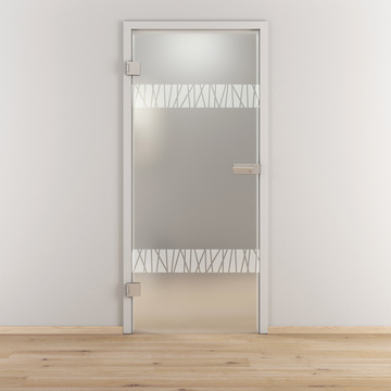 Ambientebild in Wohnraumsituation illustriert die Novadoors Glasdrehtür NOVA 550 in der Ausführung ESG BASIC GREEN matt