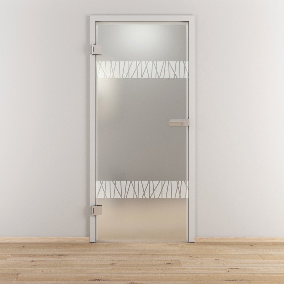 Ambientebild in Wohnraumsituation illustriert die Novadoors Glasdrehtür NOVA 550 in der Ausführung ESG BASIC GREEN matt