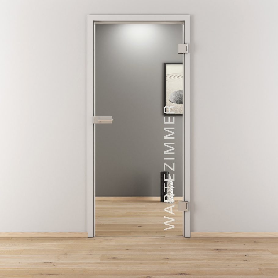Ambientebild in Wohnraumsituation illustriert die Novadoors Glasdrehtür NOVA 554 in der Ausführung ESG BASIC GREEN klar