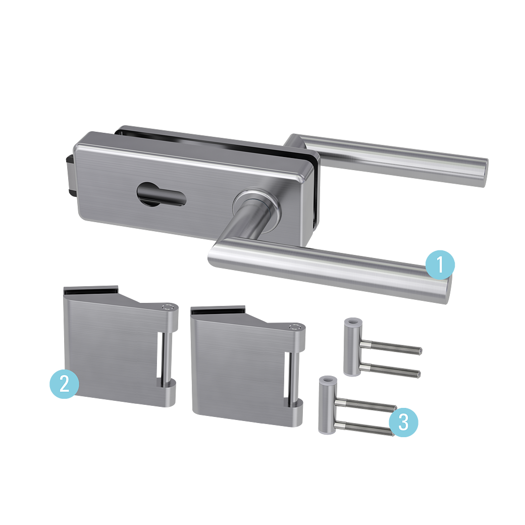 Glastürbeschlagset STYLE PREMIUM Profilzylinder Flüster 3-tlg. Bänder L-FORM Edelstahl-Optik matt