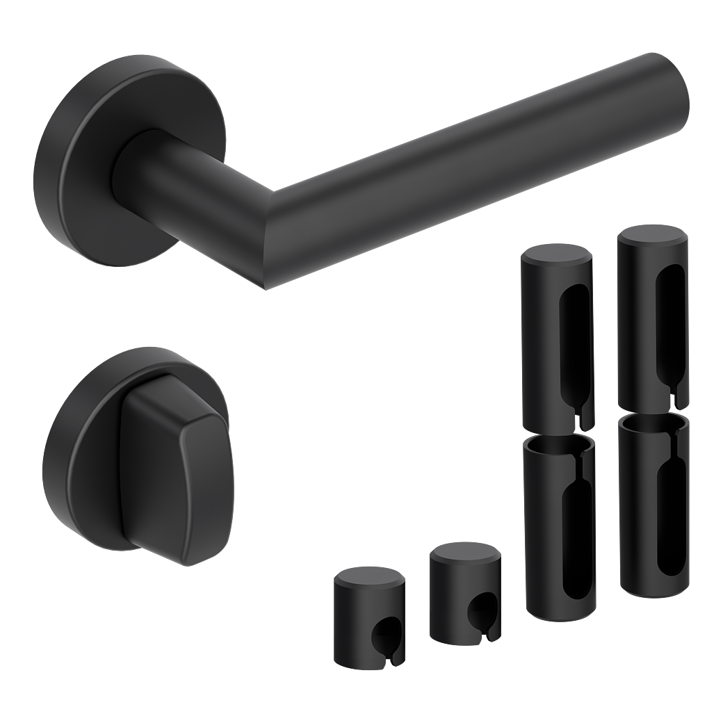 Türgriffgarnitur L-FORM PREMIUM Black Panther Klipptechnik Rosetten rund WC Schwarz PVD inkl. Bandhülsen