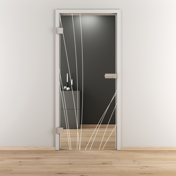 Ambientebild in Wohnraumsituation illustriert die Diamond Doors Glasdrehtür DD 559 in der Ausführung ESG BASIC GREEN klar