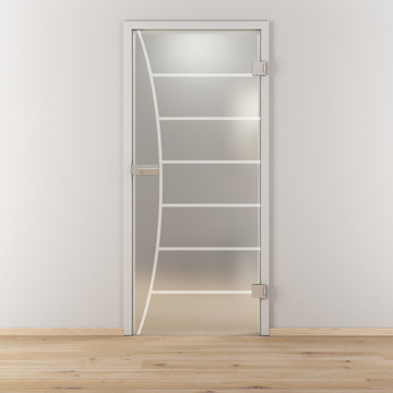 Ambientebild in Wohnraumsituation illustriert die Novadoors Glasdrehtür NOVA 586 in der Ausführung ESG BASIC GREEN matt