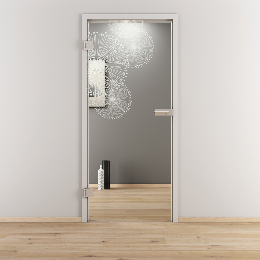 Ambientebild in Wohnraumsituation illustriert die Novadoors Glasdrehtür NOVA 507 in der Ausführung ESG BASIC GREEN klar