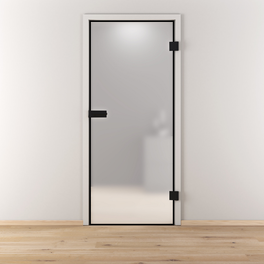 Ambientebild in Wohnraumsituation illustriert die Diamond Doors Glasdrehtür BLACK EDGE in der Ausführung ESG BASIC GREEN matt
