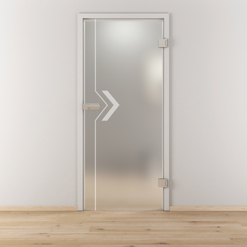 Ambientebild in Wohnraumsituation illustriert die Novadoors Glasdrehtür NOVA 599 in der Ausführung ESG BASIC GREEN matt