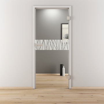 Ambientebild in Wohnraumsituation illustriert die Novadoors Glasdrehtür NOVA 546 in der Ausführung ESG BASIC GREEN klar