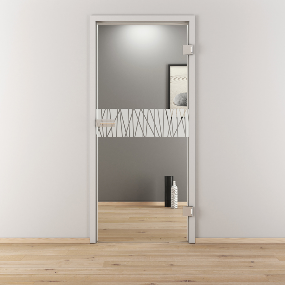 Ambientebild in Wohnraumsituation illustriert die Novadoors Glasdrehtür NOVA 546 in der Ausführung ESG BASIC GREEN klar