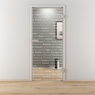 Ambientebild in Wohnraumsituation illustriert die Novadoors Glasdrehtür NOVA 545 in der Ausführung ESG BASIC GREEN klar