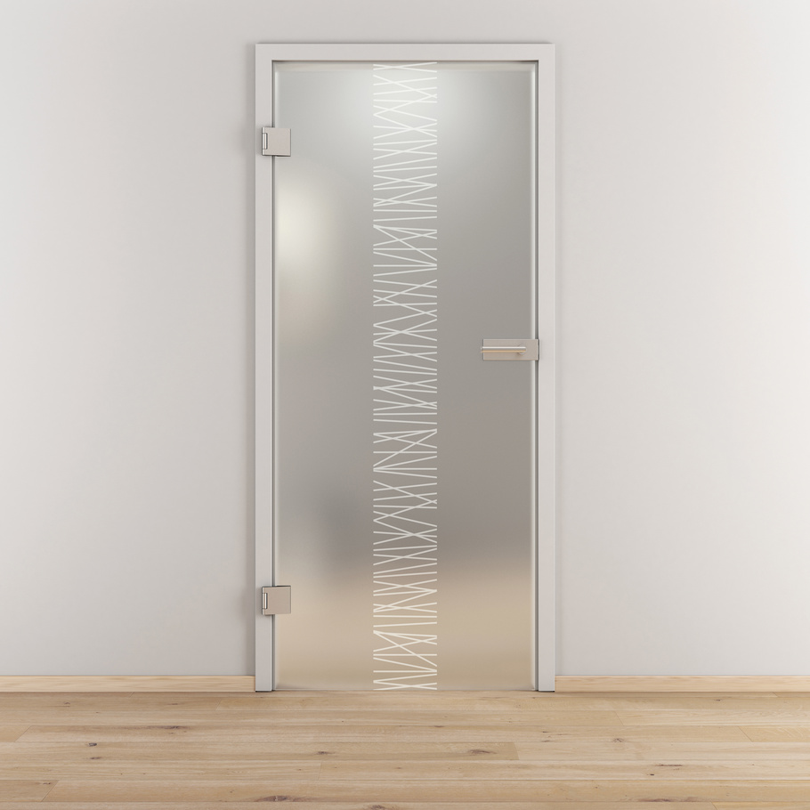 Ambientebild in Wohnraumsituation illustriert die Novadoors Glasdrehtür NOVA 549 in der Ausführung ESG BASIC GREEN matt