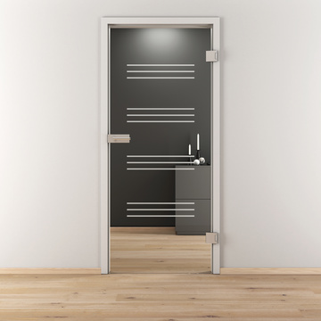 Ambientebild in Wohnraumsituation illustriert die Diamond Doors Glasdrehtür DD 590 in der Ausführung ESG BASIC GREEN klar