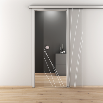 Ambientebild in Wohnraumsituation illustriert die Diamond Doors Glasschiebetür DD 559 in der Ausführung ESG BASIC GREEN klar