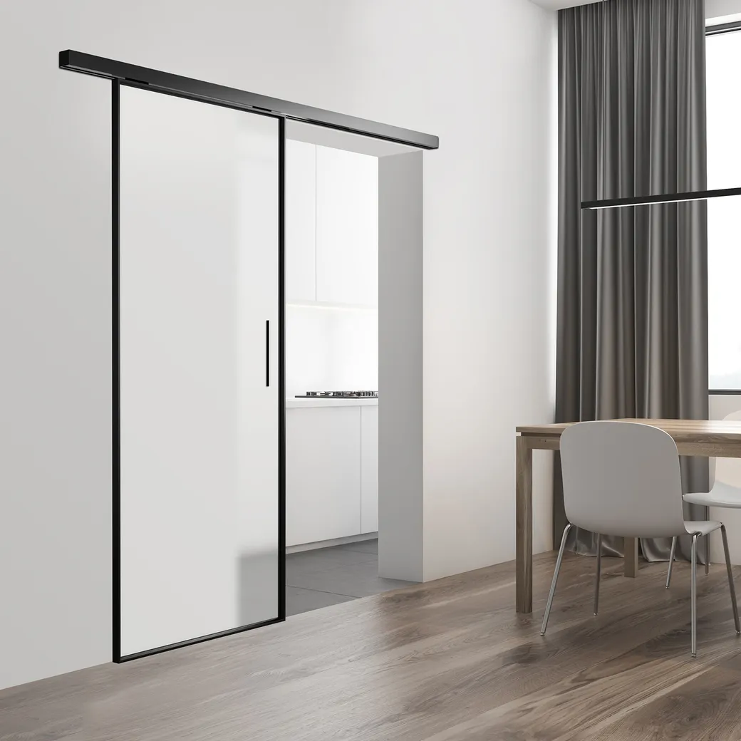 Schiebetür-Set JUBIDOOR LOFTLINE BLACK inkl. Griffstange Glas teilmattiert 935x2058 Wandmontage