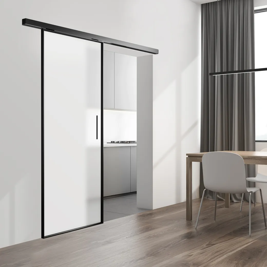 Schiebetür-Set JUBIDOOR LOFTLINE BLACK inkl. Griffstange Glas teilmattiert 935x2058 Wandmontage