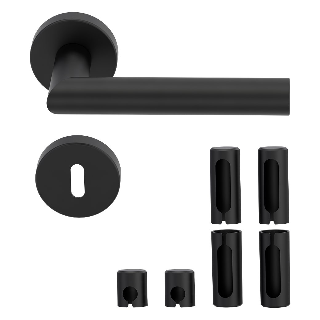 Türgriffgarnitur L-FORM PREMIUM Black Panther Klipptechnik Rosetten rund Buntbart Schwarz PVD inkl. Bandhülsen