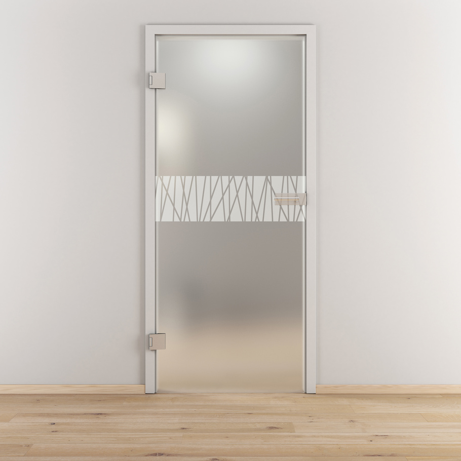 Ambientebild in Wohnraumsituation illustriert die Novadoors Glasdrehtür NOVA 546 in der Ausführung ESG BASIC GREEN matt