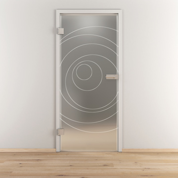 Ambientebild in Wohnraumsituation illustriert die Diamond Doors Glasdrehtür DD 585 in der Ausführung ESG BASIC GREEN matt