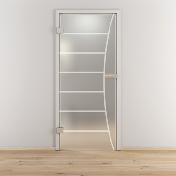 Ambientebild in Wohnraumsituation illustriert die Novadoors Glasdrehtür NOVA 586 in der Ausführung ESG BASIC GREEN matt
