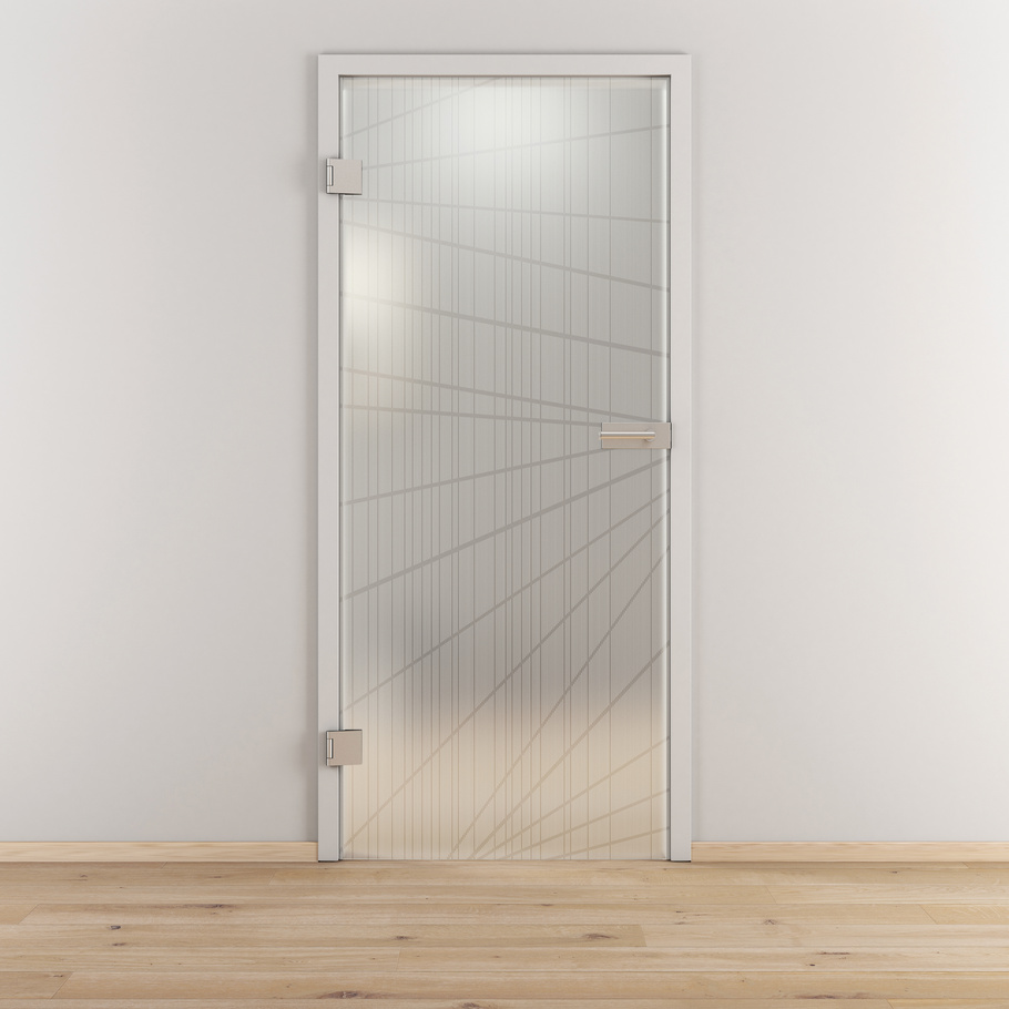 Ambientebild in Wohnraumsituation illustriert die Diamond Doors Glasdrehtür LINES 558 in der Ausführung ESG BASIC GREEN matt