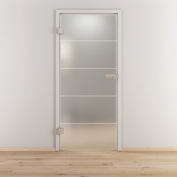 Ambientebild in Wohnraumsituation illustriert die Novadoors Glasdrehtür NOVA 582 in der Ausführung ESG BASIC GREEN matt