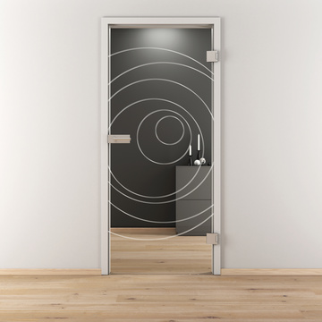 Ambientebild in Wohnraumsituation illustriert die Diamond Doors Glasdrehtür DD 585 in der Ausführung ESG BASIC GREEN klar