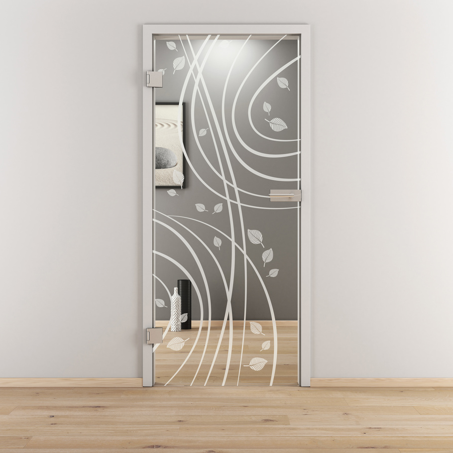 Ambientebild in Wohnraumsituation illustriert die Diamond Doors Glasdrehtür DD 547 in der Ausführung ESG BASIC GREEN klar