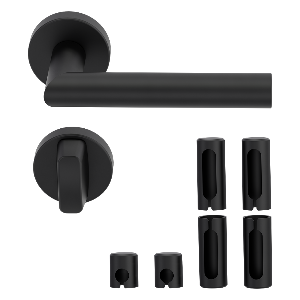 Türgriffgarnitur L-FORM PREMIUM Black Panther Klipptechnik Rosetten rund WC Schwarz PVD inkl. Bandhülsen