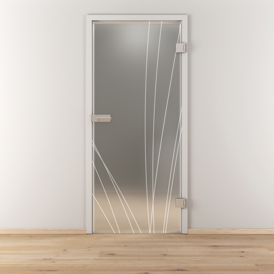 Ambientebild in Wohnraumsituation illustriert die Diamond Doors Glasdrehtür DD 559 in der Ausführung ESG BASIC GREEN matt