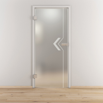 Ambientebild in Wohnraumsituation illustriert die Novadoors Glasdrehtür NOVA 599 in der Ausführung ESG BASIC GREEN matt