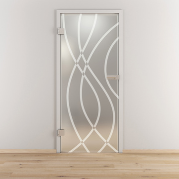 Ambientebild in Wohnraumsituation illustriert die Diamond Doors Glasdrehtür DD 541 in der Ausführung ESG BASIC GREEN matt