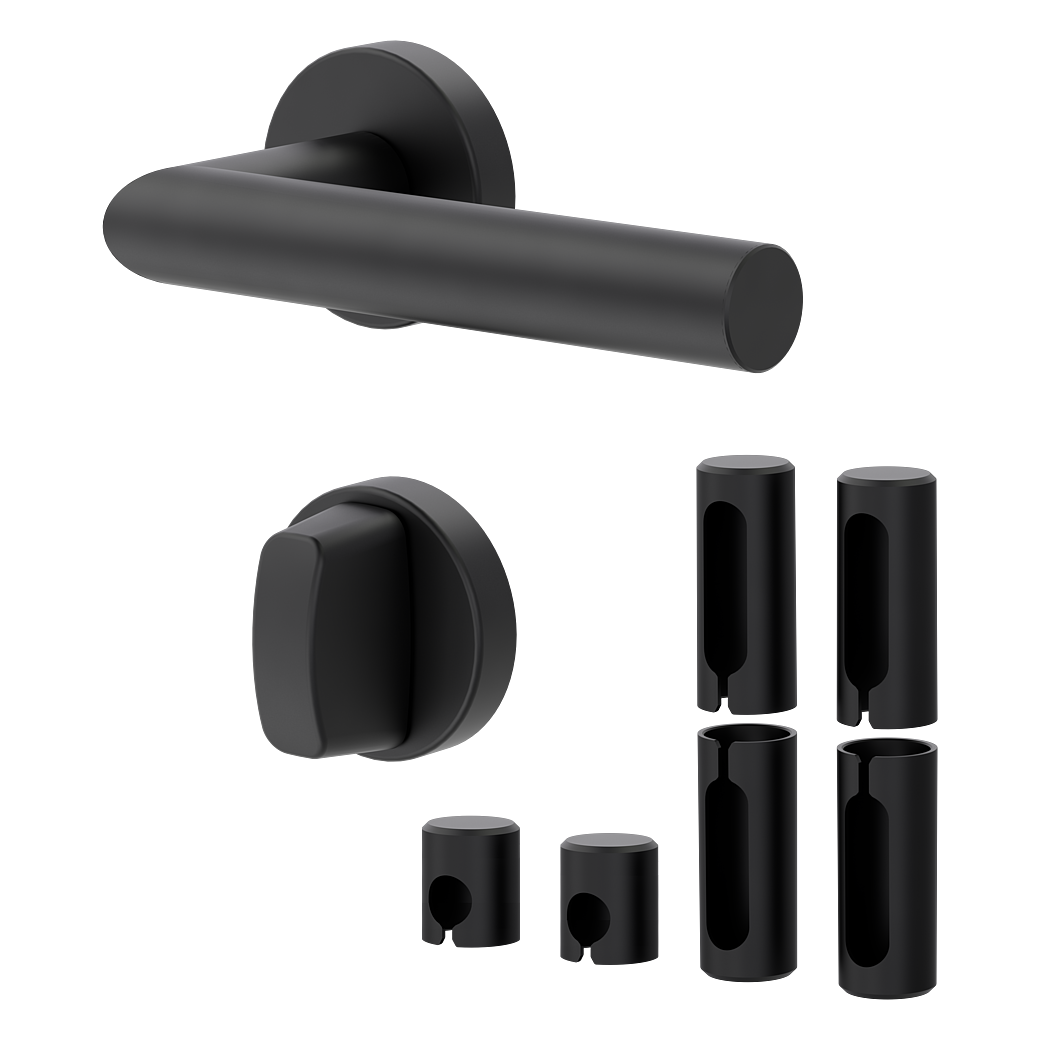 Türgriffgarnitur L-FORM PREMIUM Black Panther Klipptechnik Rosetten rund WC Schwarz PVD inkl. Bandhülsen