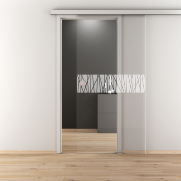 Ambientebild in Wohnraumsituation illustriert die Novadoors Glasschiebetür NOVA 546 in der Ausführung ESG BASIC GREEN klar