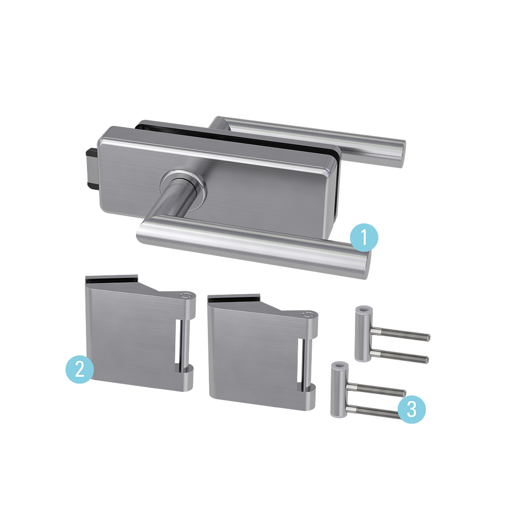 Glastürbeschlagset STYLE PREMIUM unverschließbar Flüster 3-tlg. Bänder L-FORM Edelstahl-Optik matt