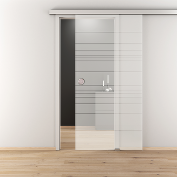 Ambientebild in Wohnraumsituation illustriert die Novadoors Glasschiebetür NOVA 570 in der Ausführung ESG BASIC GREEN matt