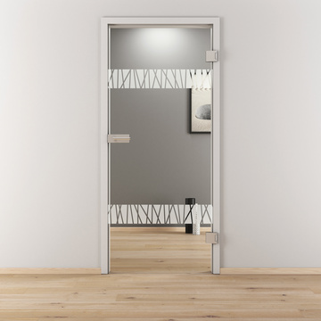 Ambientebild in Wohnraumsituation illustriert die Novadoors Glasdrehtür NOVA 550 in der Ausführung ESG BASIC GREEN klar